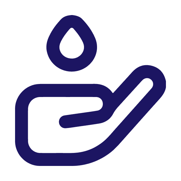 Ícono azul de una mano abierta sosteniendo una gota de agua. Fondo blanco, diseño minimalista y limpio.