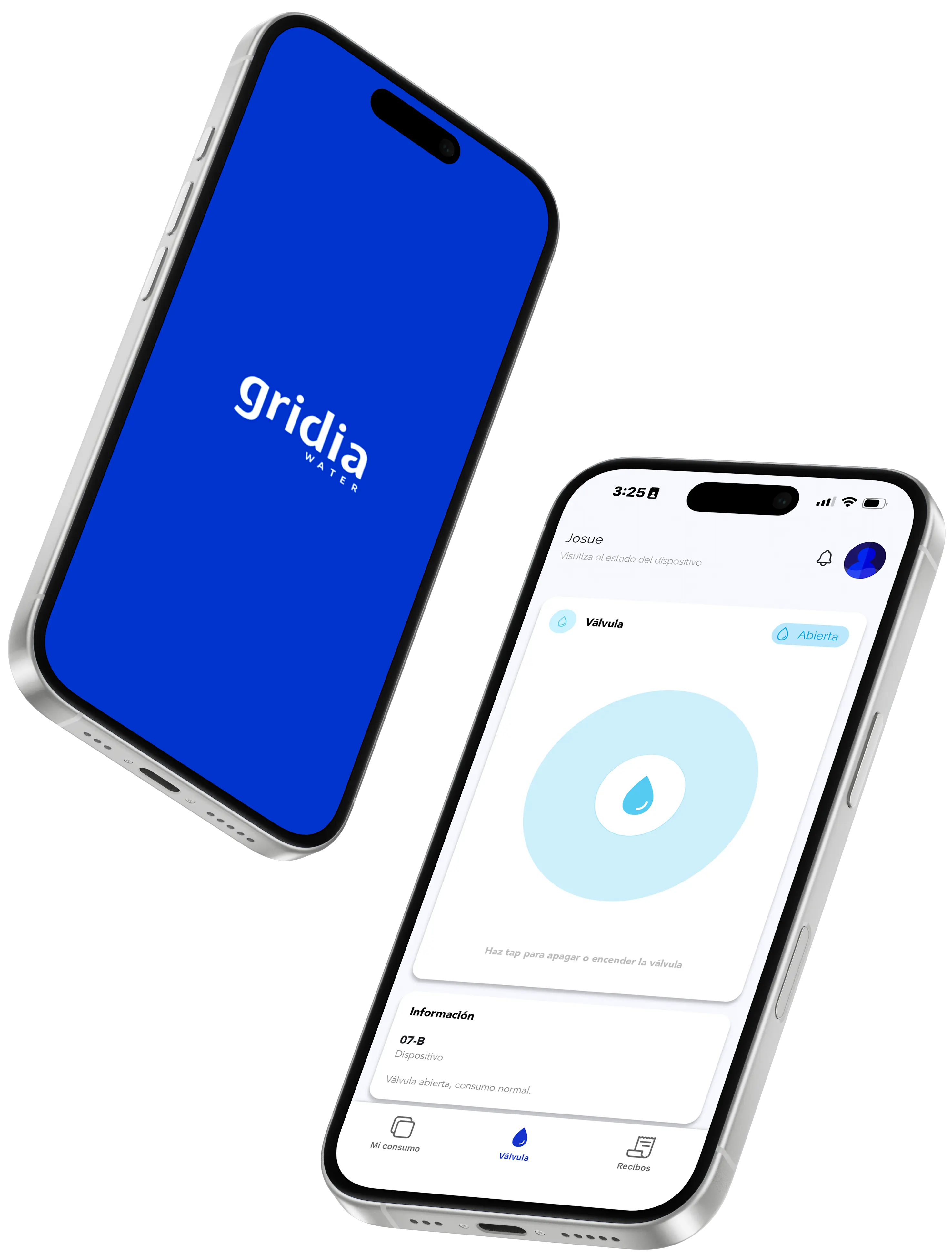 App móvil Gridia: pantalla de marca y vista de consumo de agua del cliente final